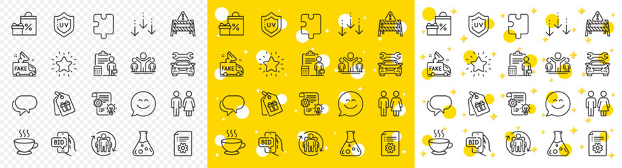 Outline Cogwheel, Puzzle and Winner line icons pack for web with Teamwork, Fake news, Shopping line icon. Accounting, Restroom, Rank star pictogram icon. Coffee cup, Bid offer, Uv protection. Vector