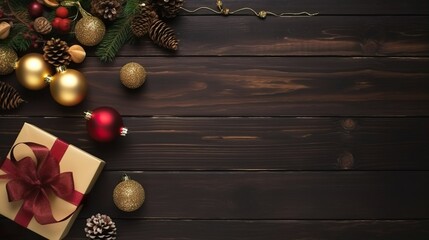 The top view of the Christmas background is decorated with pine balls, balls and gift boxes with copy space. AI-generated images