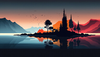 wallpaper of minimalistic lake with trees, Generative AI