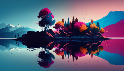 wallpaper of minimalistic landscape in vivid colors, Generative AI