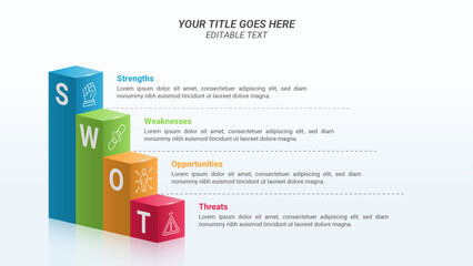 SWOT Analysis Infographics with Business Icons and 3D Stairs on a 16:9 Ratio Layout for Business Advantages and Disadvantages, Business Goals, Business Reports, and Website Design.