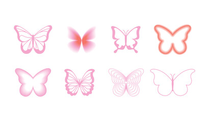 Vector set of design elements and illustrations in simple minimalist linear style - self care and love, prints and posters in y2k style, butterflies