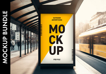Advertising poster mockups on tram station with Generative AI