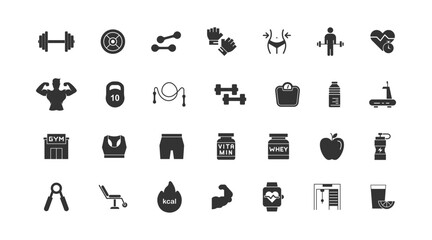 Vector illustration of gym icons set. Collection of icons related to healthy lifestyle