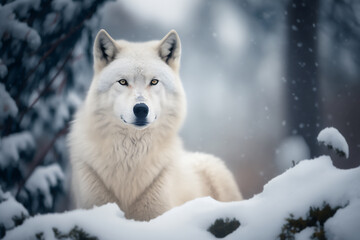 Obraz premium Portrait of a white arctic wolf in the snowy day into the forest. Generative AI illustration.
