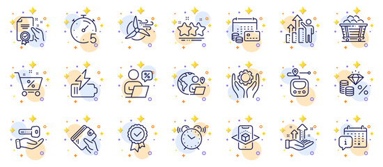 Outline set of Employee results, Outsource work and Calendar line icons for web app. Include Stars, Augmented reality, Loan percent pictogram icons. Timer, Wallet, Coal trolley signs. Vector