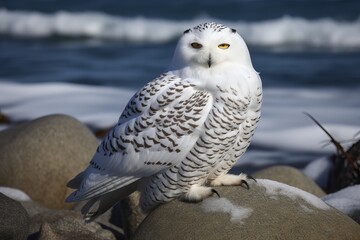 Fototapeta premium Snowy Owl in a winters scene and a woodland setting