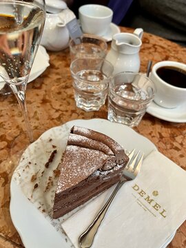 Vienna, Austria - march 25, 2023; delicious chocolate cake known as Anna cake in Demel, one of the most famous cafe in Vienna, Austria.