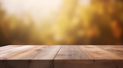 Wooden boards for placing goods with blurred golden natural light scenes. AI-generated images