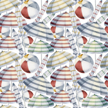 Hand drawn watercolor striped beach umbrellas, open and folded, play ball Seamless pattern. Isolated on white background. Design wall art, wedding, print, fabric, cover, card, tourism, travel booklet.