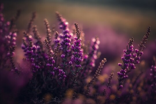 Daytime selective focus photo of a field covered with purple heather blossoms. Generative AI