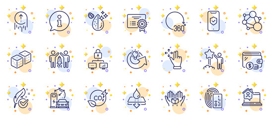 Outline set of Info, Integrity and Dirty water line icons for web app. Include Card, Swipe up, Partnership pictogram icons. Charging station, Co2 gas, 360 degrees signs. Circles with 3d stars. Vector