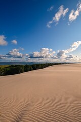 Beautiful holiday seaside landscape. Moving dunes in the desert in Slowinski National Park in Leba,...