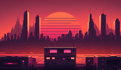 Retro 80s style illustration of a city at sunset. AI generated