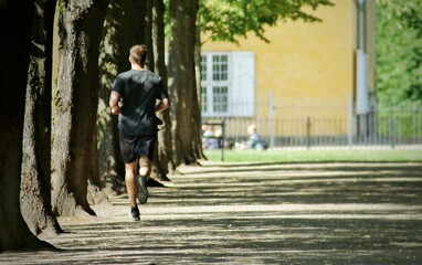 Young male in shorts and a t-shirt running on a tree-lined park