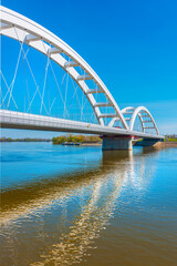 Fototapeta na wymiar Zezelj bridge, a tied-arch bridge on Danube river in Novi Sad, Vojvodina, Serbia.