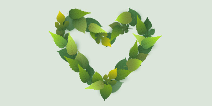 Leaves Colored in Different Shades of Green to Form a Heart - Advertising Design Template Decorated with Various Type of Leaves - Multi Purpose Design with Copyspace, Place, Room for Your Text