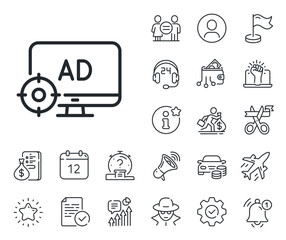 Search engine optimization sign. Salaryman, gender equality and alert bell outline icons. Seo adblock line icon. Target symbol. Seo adblock line sign. Spy or profile placeholder icon. Vector