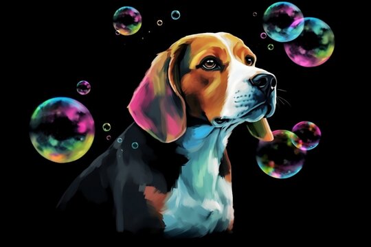 Bubbly Beagle in Watercolor - Watercolor painting of a beagle with colorful soap bubbles on clean black background - Generative AI