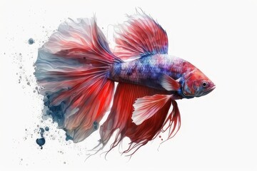 Red Betta fish water color paint on white background