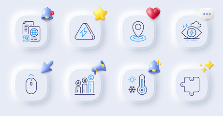 Graph chart, Qr code and Stress line icons. Buttons with 3d bell, chat speech, cursor. Pack of Swipe up, Weather thermometer, Puzzle icon. Lightning bolt, Location pictogram. Vector