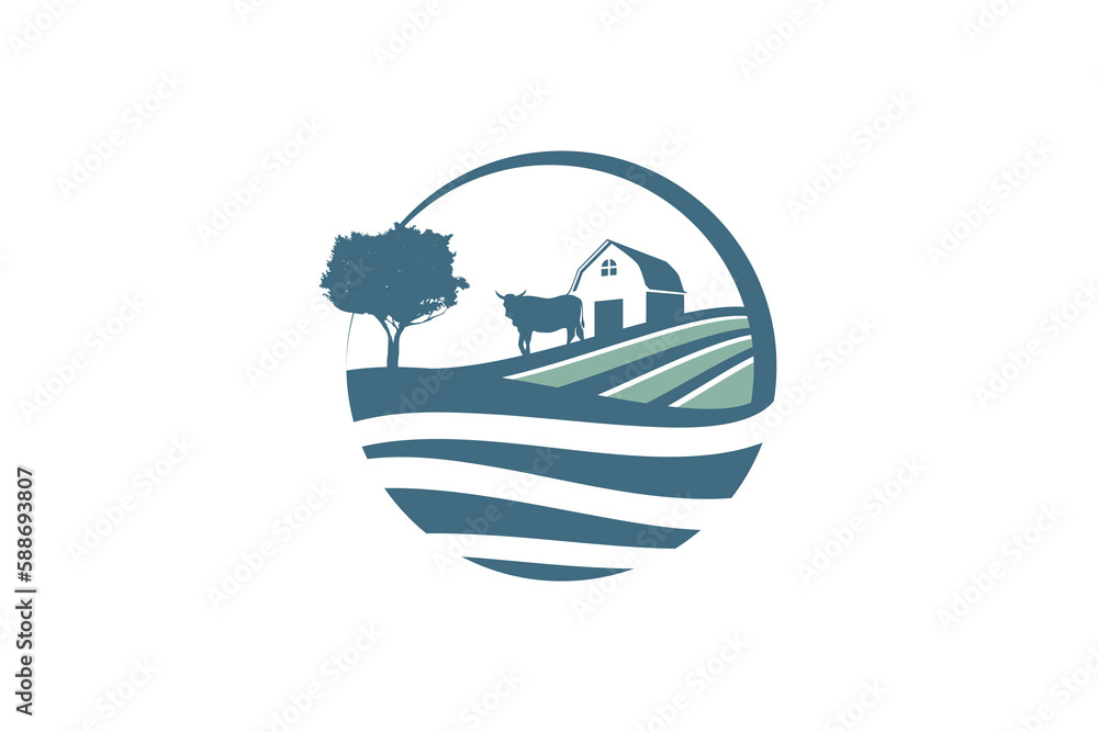 Wall mural nature farm logo with a combination of a barn, field, cow, and tree with a beautiful view.