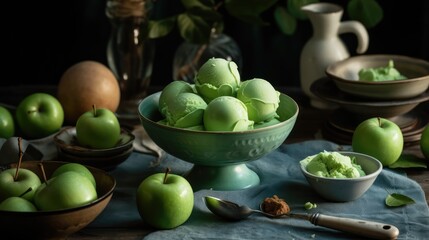 Ice cream in a plate with green apples on the table. Apple-flavored ice cream. The concept of delicious and healthy food. AI generated