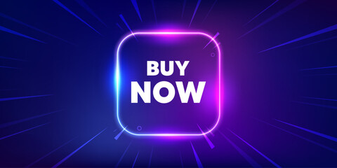 Buy Now tag. Neon light frame box banner. Special offer price sign. Advertising Discounts symbol. Buy now neon light frame message. Vector