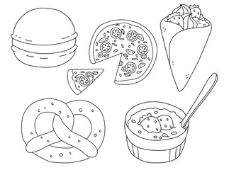 Indulge in our delightful set of food outline illustrations featuring irresistible treats such as macarons, pizza, yogurt, crepes, and pretzels. Perfect for menus, recipe books, and food blogs.