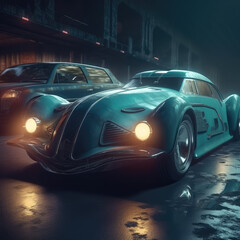 Naklejka na ściany i meble night car in the city, Oldtimer, futuristic concept car, AI generated