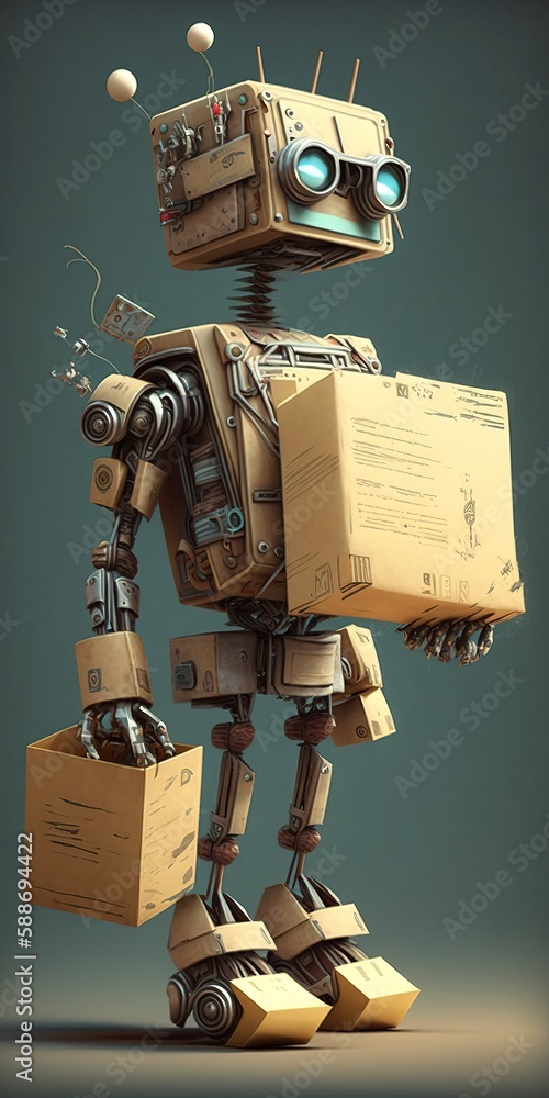 Poster box-and-clipboard-carrying robot generative ai