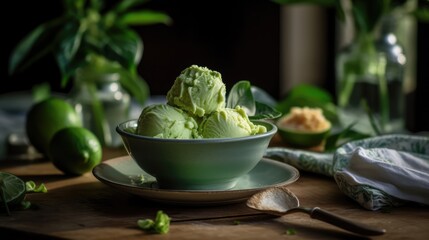 Ice cream on a plate and lime on the table. Lime-flavored ice cream. The concept of delicious and healthy food. AI generated
