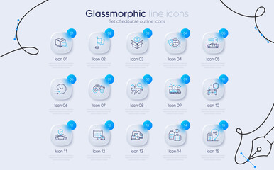 Set of Delivery truck, Transport insurance and Search package line icons for web app. Packing boxes, Flag, Petrol station icons. Delivery calendar, Car key, Tractor signs. Search flight. Vector