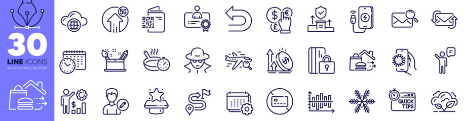 Search mail, Agent and Food delivery line icons pack. Undo, Calendar time, Journey web icon. Frying pan, Excise duty, Quick tips pictogram. Certificate, No card, Calendar. Qr code. Vector