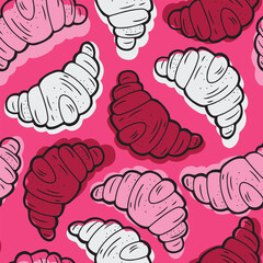 Hand drawn vector seamless pattern with colorful croissants in contour line design