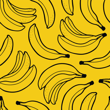 Hand drawn vector seamless pattern with outlined bananas in line style on a yellow background