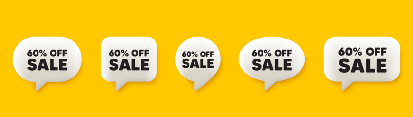 Sale 60 percent off discount. 3d chat speech bubbles set. Promotion price offer sign. Retail badge symbol. Sale talk speech message. Talk box infographics. Vector