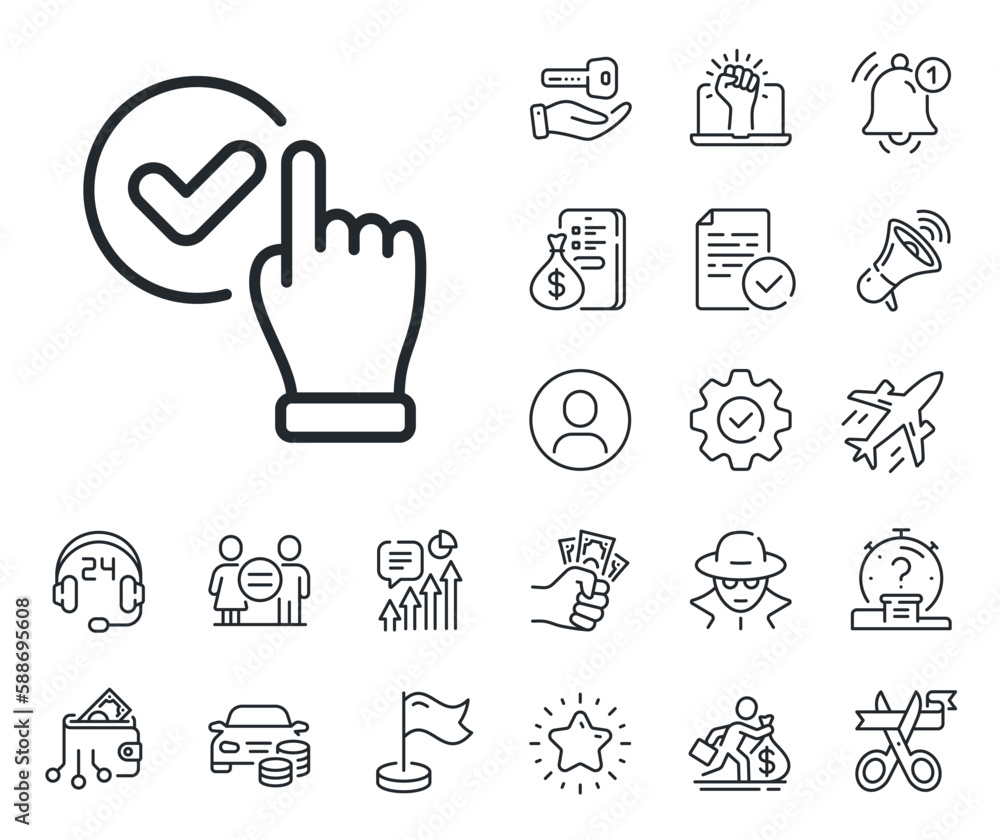 Poster approve sign. salaryman, gender equality and alert bell outline icons. checkbox line icon. confirmed
