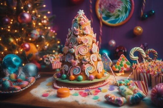 Photo of a festive Christmas tree made entirely of colourful donuts cakes and candies in a beautifully decorated room created with Generative AI technology