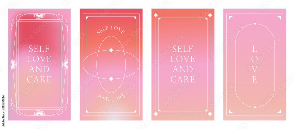 Poster vector set of design elements and illustrations in simple minimalist linear style - self care and lo