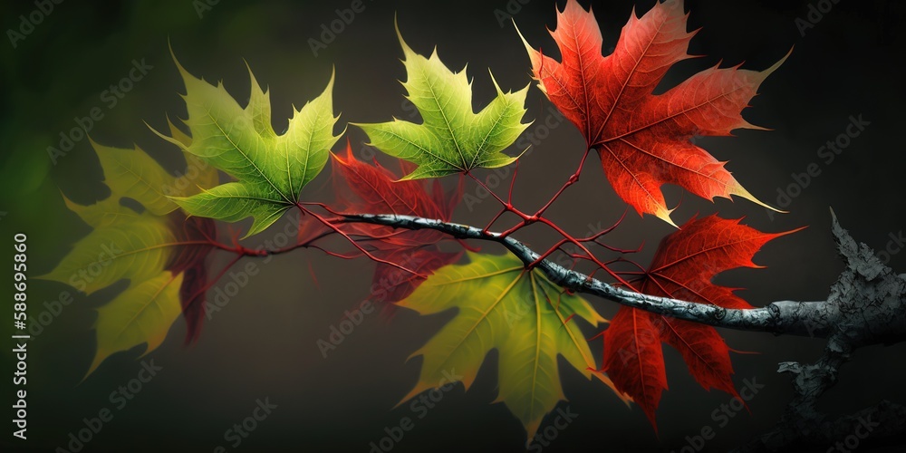 Poster image of a cluster of maple leaves on a branch in the springtime woods generative ai
