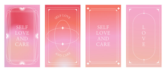 Vector set of design elements and illustrations in simple minimalist linear style - self care and love motivational quotes, prints and posters in y2k style