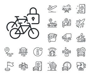 Lock bike transport sign. Plane, supply chain and place location outline icons. Bicycle lockers line icon. Outdoor parking place symbol. Bicycle lockers line sign. Vector