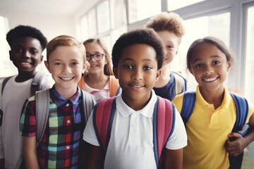 child girl school group portrait student boy education happy elementary pupil friend young kid smiling together childhood little class classroom, created using generative AI technology