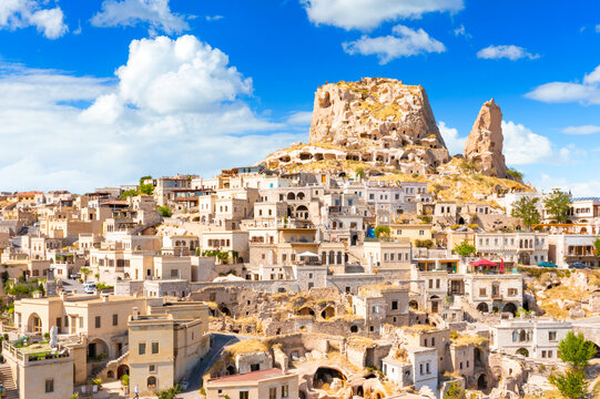 Uchisar castle in rock formation. Cappadocia. Nevsehir Province. Turkey