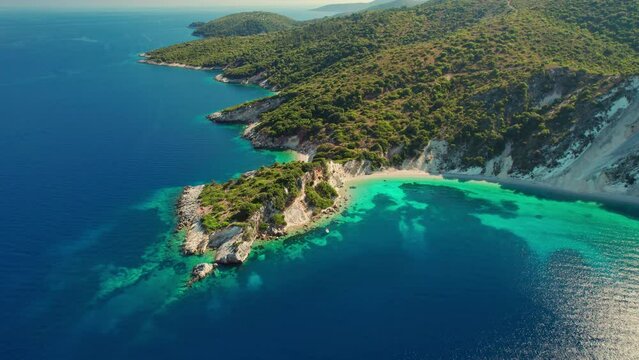 Aerial view of Ionian sea coast near Gidaki beach on Ithaki Island, Greece.
