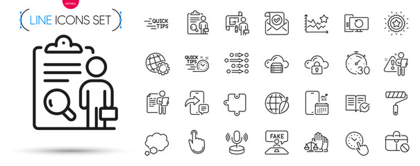 Pack of Hand click, Phone message and Microphone line icons. Include Winner star, Recovery computer, Confirmed mail pictogram icons. Search employee, Quick tips, Jobless signs. Vector