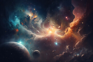 Obraz na płótnie Canvas Planets in space. Fantasy galaxy generative AI background