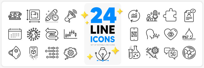 Icons set of Augmented reality, Chemistry flask and Copywriting notebook line icons pack for app with Order, Waterproof, Puzzle thin outline icon. Coronavirus, Breathing exercise. Vector