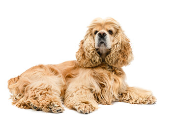 Cute American Cocker Spaniel lying on a white background.